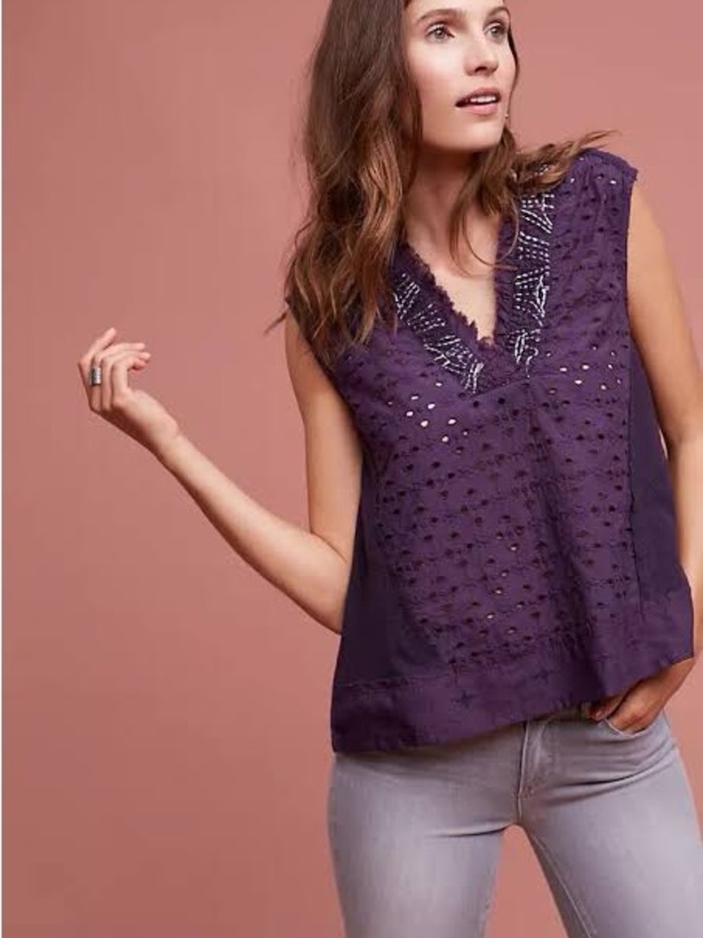 Akemi + Kin Anthropologie Purple Eyelet V-Neck Sleeveless Top Fringe Trim M